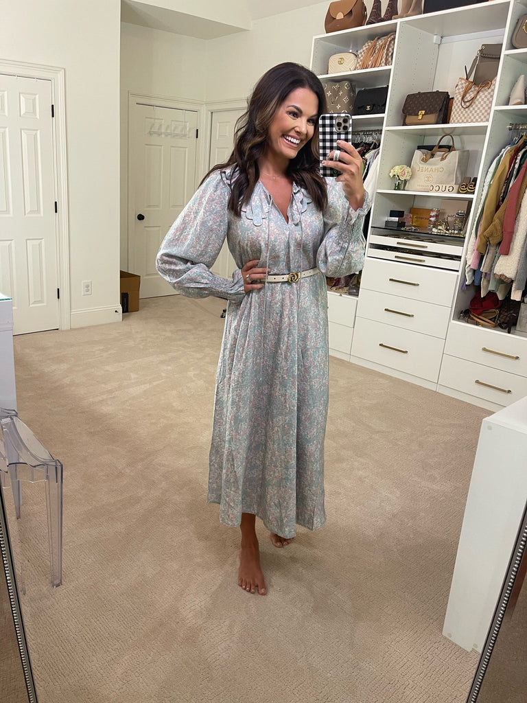 H&M Blue/Pink Floral Ruffle Neck Long Sleeve Smocked Cuff Dress NWT- Size S H&M Blue/Pink Floral Ruffle Neck Long Sleeve Smocked Cuff Dress NWT- Size S