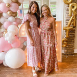 Shein Tan Floral Print Smocked Back Halter Maxi Dress- Size S