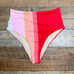 Beach Joy Red/Coral/Peach/Pink Striped Bikini Bottoms- Size L (we have matching top)