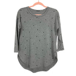 No Brand Gray with Black Hearts/Polka Dots Curved Hem 3/4 Length Sleeve Top- Size ~L (see notes)