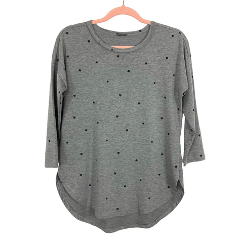 No Brand Gray with Black Hearts/Polka Dots Curved Hem 3/4 Length Sleeve Top- Size ~L (see notes)