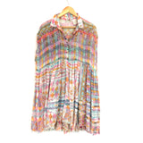 Free People Colorful Half Button Up Frayed Sleeve Dress (with slip)- Size XS