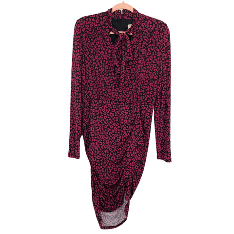 Michael Kors Berry Cheetah Print Ruched Sides with Tie Neckline Dress NWT- Size L