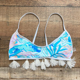 No Brand White/Blue Palm Print Tassel Padded Bikini Top- Size M (see notes,we have matching bottoms)