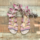 Schutz Leather Sole Ankle Wrap Tassel Sandals- Size 7
