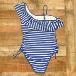 Chic Soul Blue/White Striped Side Tie Ruffle One Piece Swimsuit- Size 1XL