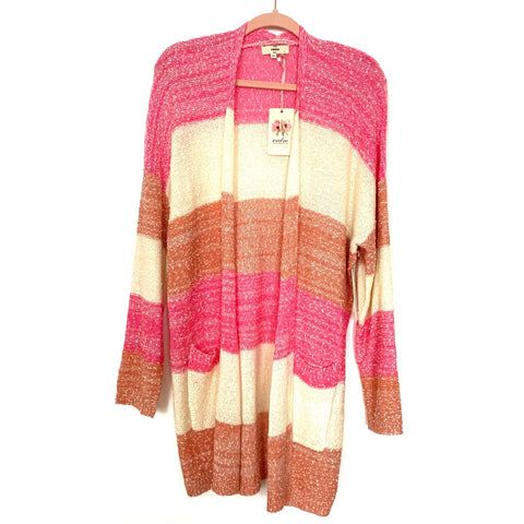 Entro White Peach And Pink Stripped Knit Open Front With Pockets Cardigan NWT- Size M