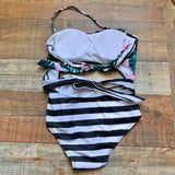 No Brand Pink Palm Print Black/White Stripe Cut Out Removable Strap Swimsuit- Size ~S