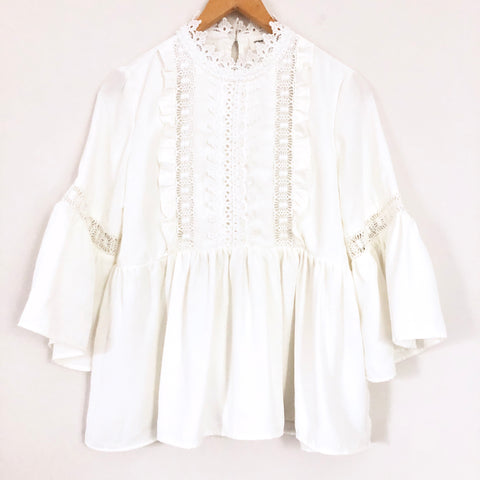 Goodnight Macaroon Ivory Crochet Blouse with Drop Waist and Ruffle Sleeve- Size S