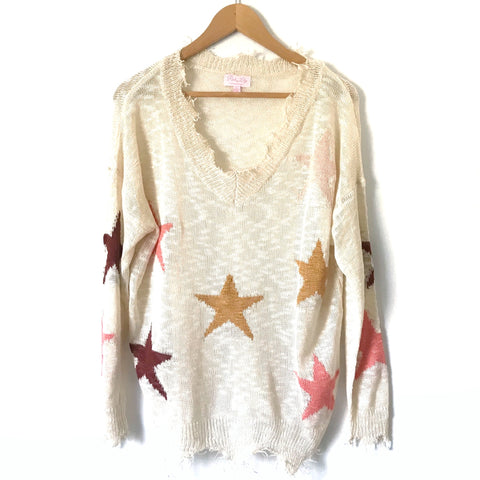 Pink Lily Ivory Stars Open Knit Distressed Hem Sweater- Size S
