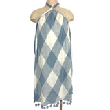 Tularosa Blue/White Linen with Poms Hem Halter Dress- Size L