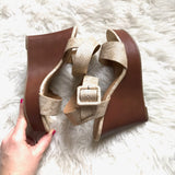 CityClassified Gold Animal Print Ankle Strap Wedges- Size 7.5