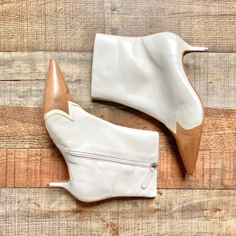 Raye Cream and Camel Pointed Toe Low Stiletto Leather Booties- Size 8.5 (sold out online, see notes)