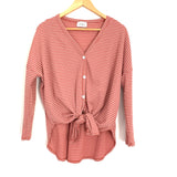 Aura Mauve Striped Waffle Knit Tie Front Blouse- Size S