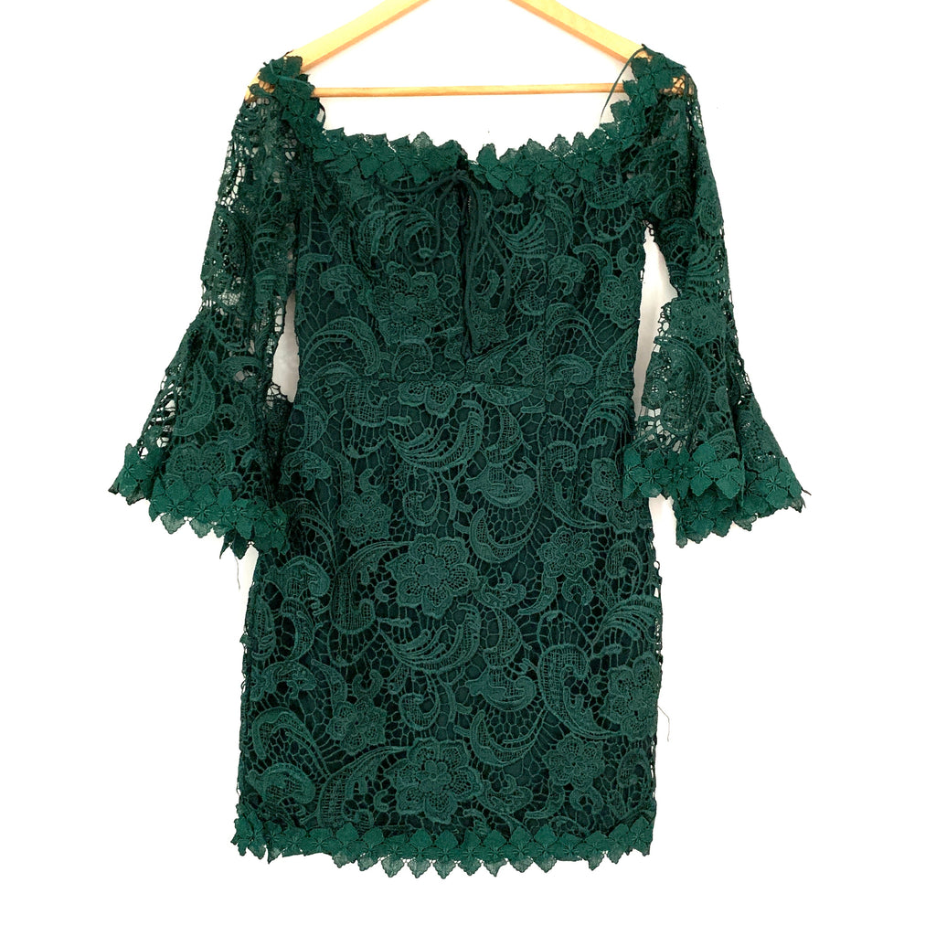 LUXXEL Hunter Green Lace Off the Shoulder Dress with Lace Up Detail- S The Saved Collection LUXXEL Hunter Green Lace Off the Shoulder Dress with Lace Up Detail- S The Saved Collection