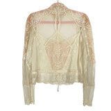 No Brand Cream Mesh and Lace with Beaded Detail and Ribbon Tie Mock Neck Top- Size ~XS (see notes)