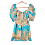 Buddy Love Aqua/Light Pink/Gold Brocade Colby Puff Sleeve Mini Dress NWT- Size S