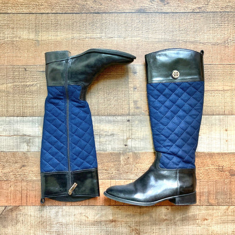 Tory Burch Black with Navy Quilted Riding Boots- Size 8.5 (see notes)