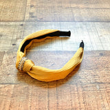 No Brand Mustard Ribbed Knit with Gold Link and Rhinestone Detail Knot Headband