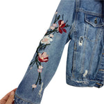Clingirl Embroidered Floral Distressed Denim Jacket- Size S