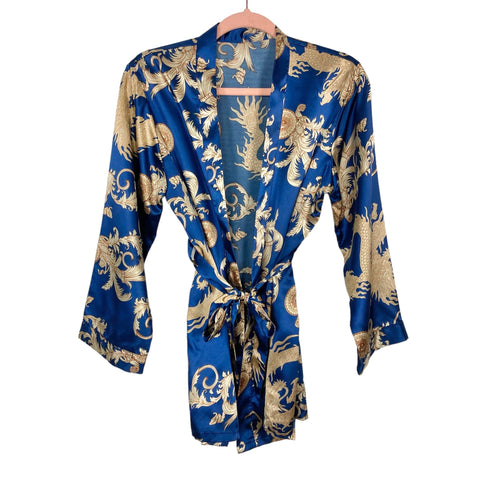 Escalier Navy/Gold Pattern Satin Pants/Cami/Robe Pajama Set- Size M (sold as set, see notes)