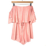 No Brand Pink & White Polka Dot Elastic Tie Waistband Off The Shoulder Romper- Size S