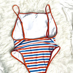 Aerie Blue and Rust Striped Removable Pads Cheeky One Piece- Size L