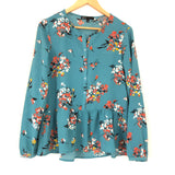 Gibson Floral Teal 3/4 Button Up with Ruffle Hem Top- Size XS