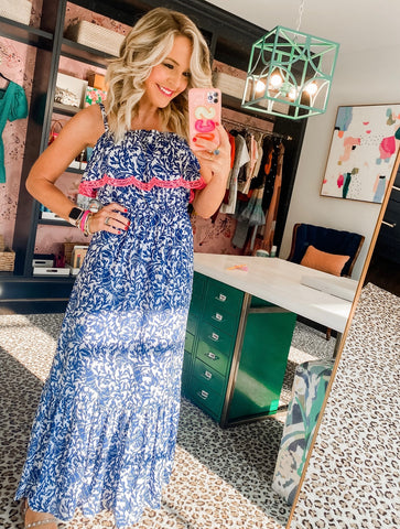 Lilly Pulitzer Blue and White Ruffle Maxi Dress