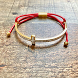 No Brand Gold CZ Cross with Red Strap and Gold Love Spacer Bracelet