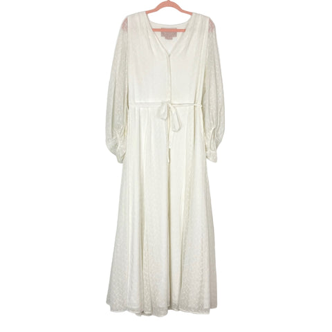 Gal Meets Glam Ivory Lace Overlay with Sheer Sleeves Tie Belt Maxi Dress- Size 14 (see notes)