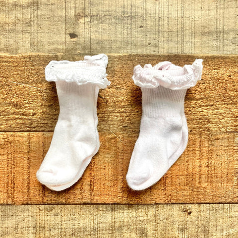 No Brand Two Sets of White Eyelet Cuff Socks- Size ~0-6M (see notes)