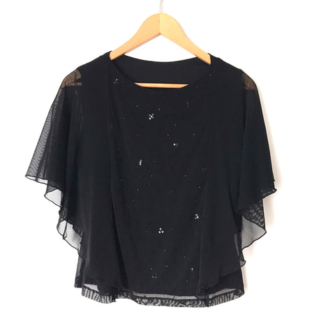 No Brand Black Sequins & Beaded Front Blouse with Sheer Flutter Sleeves- Size ~S