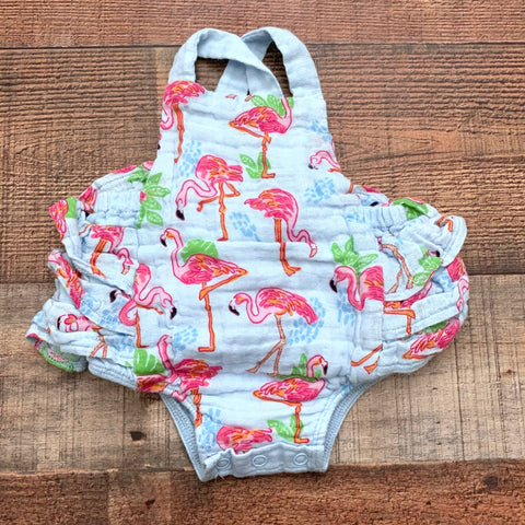 Mudpie Baby Girl Blue Flamingo Romper- Size 0-3M