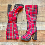 Betsey Johnson Red Plaid with Rhinestone Detail Valeria Tall Platform Boots- Size 7 (Brand New Condition, sold out online)