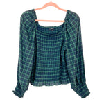 Madewell Forest Plaid Lucie Bubble Sleeve Smocked Top- Size M (sold out online)
