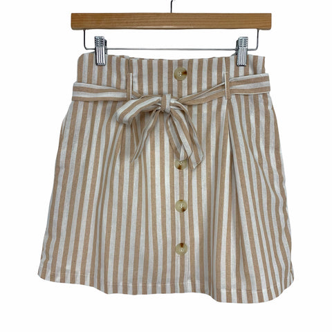 &Merci Tan and Cream Striped Faux Button Paperbag Waist Skirt- Size S