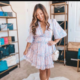 Aura Blush Pink and Blue Floral Ruffle Dress with Open Back NWT- Size M