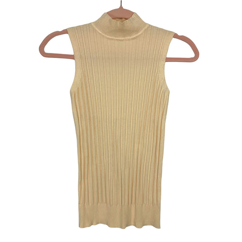 No Brand Cream Ribbed Turtleneck Sleeveless Top- One Size