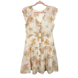 E&M Cream with Brown/Tan/Peach Floral Pattern Button Front Tiered Dress- Size S