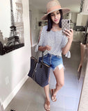 Alya Black and White Striped Distressed Open Slit Tie Sleeve Top- Size S
