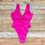 TA3 Neon Pink High Cut Plungey Lace Up Back Padded One Piece NWT- Size XL (Reg/Long, sold out online)