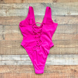 TA3 Neon Pink High Cut Plungey Lace Up Back Padded One Piece NWT- Size XL (Reg/Long, sold out online)