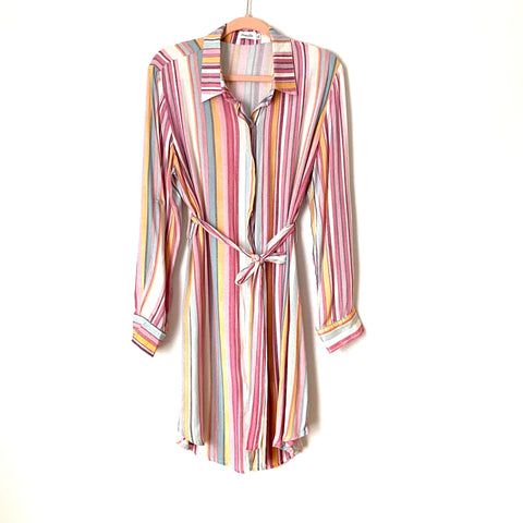 Amaryllis Colorful Striped Belted Button Up Dress- Size XL