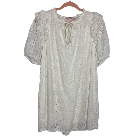 Buddy Love White Eyelet Lace Overlay Puff Sleeve Front Tie Dress- Size L