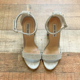 Steve Madden Silver Rhinestone Ankle Strap Block Heel Sandals- Size 7
