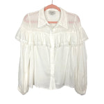 Aura White Sheer with Lace Detail Collar and Ruffles Button Down NWT- Size S