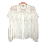 Aura White Sheer with Lace Detail Collar and Ruffles Button Down NWT- Size S