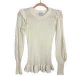 Sofia Jeans by Sofia Vergara White Ruffle with Open Cable Knit Sleeves Sweater- Size S (see notes)