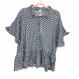 Dylan Navy/White Plaid Ruffle Sleeve & Bottom Top NWT- Size L